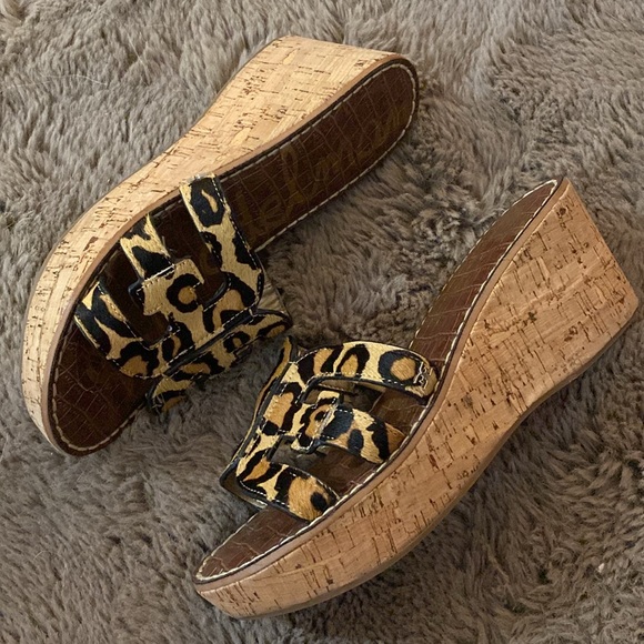 SAM EDELMAN Regis Leopard-Print Calf Hair Wedge Sandals Size 8M - Picture 7 of 13